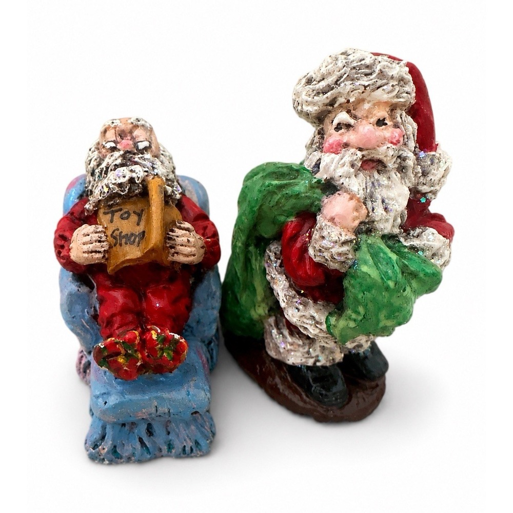 Hand Painted Ceramic Santa Figurines Lot of 2 Toy Shop Christmas Miniatures